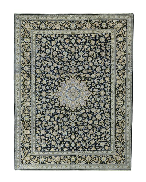 Full view of 2000s Kashan rug from Iran / Persia, 385 × 294 cm in Blue tones