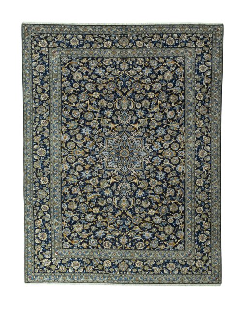 Full view of 2000s Kashan rug from Iran / Persia, 391 × 300 cm in Blue tones