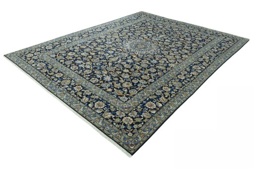 Corner detail of 2000s Kashan rug showing border pattern and Wool pile
