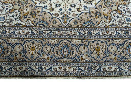 Full view of 2000s Kashan rug from Iran / Persia, 357 × 247 cm in Beige tones