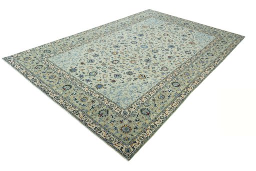 Corner detail of 2000s Kashan rug showing border pattern and Wool pile