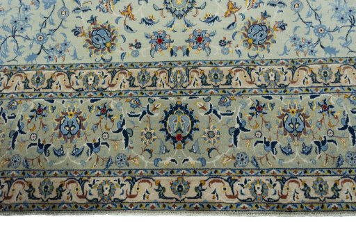 Full view of 2000s Kashan rug from Iran / Persia, 407 × 265 cm in Green tones