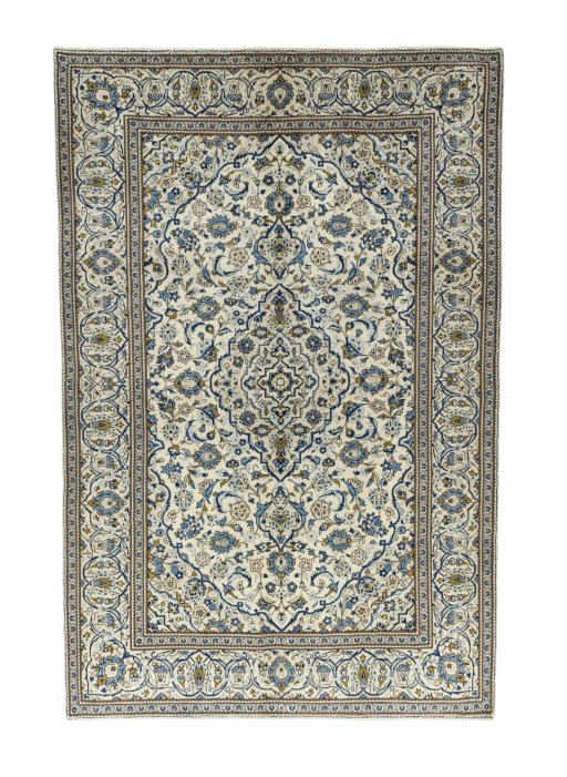 Full view of 2000s Kashan rug from Iran / Persia, 297 × 196 cm in Beige tones