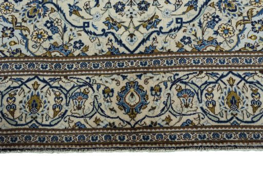 Full view of 2000s Kashan rug from Iran / Persia, 297 × 196 cm in Beige tones