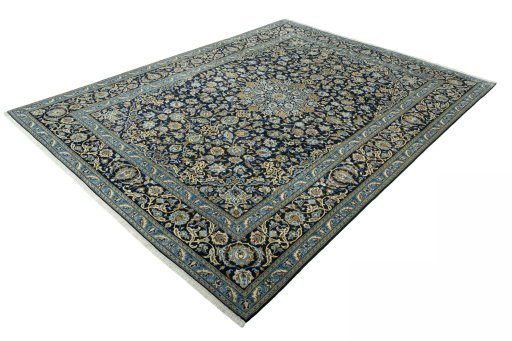 Corner detail of 2000s Kashan rug showing border pattern and Wool pile