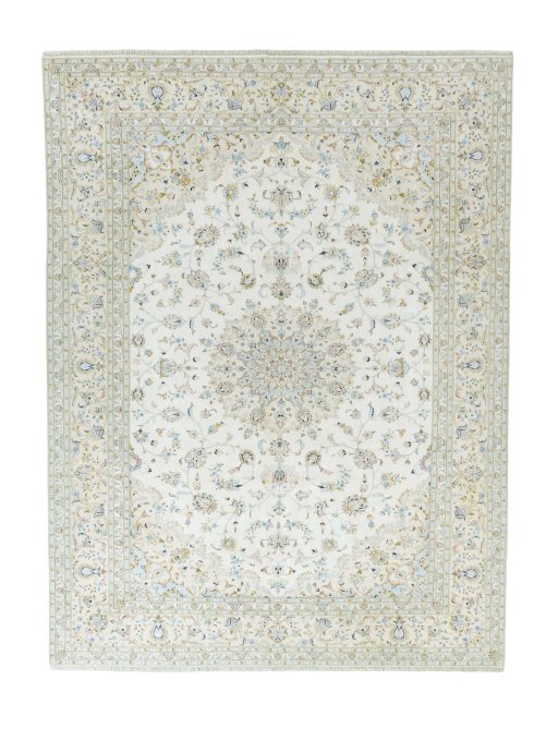 Full view of New Kashan rug from Iran / Persia, 397 × 300 cm in Beige tones