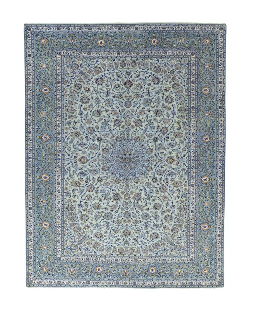 Full view of 2000s Kashan rug from Iran / Persia, 388 × 295 cm in Green tones