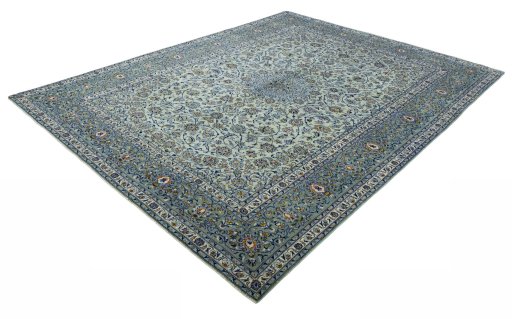 Corner detail of 2000s Kashan rug showing border pattern and Wool pile