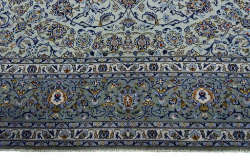 Full view of 2000s Kashan rug from Iran / Persia, 388 × 295 cm in Green tones