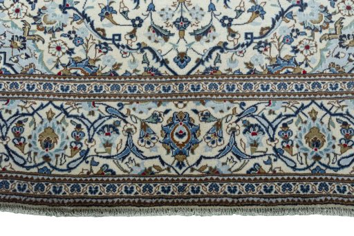 Full view of 2000s Kashan rug from Iran / Persia, 295 × 198 cm in Beige tones