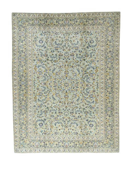 Full view of 2000s Kashan rug from Iran / Persia, 396 × 305 cm in Green tones