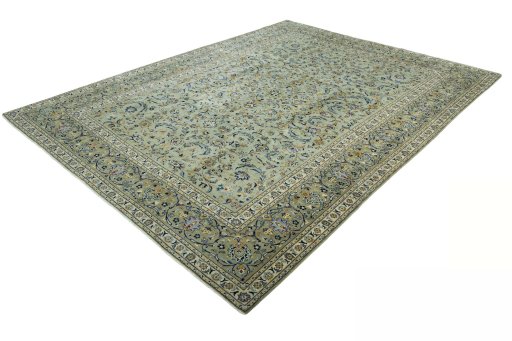 Corner detail of 2000s Kashan rug showing border pattern and Wool pile