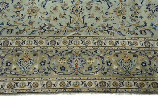 Full view of 2000s Kashan rug from Iran / Persia, 396 × 305 cm in Green tones