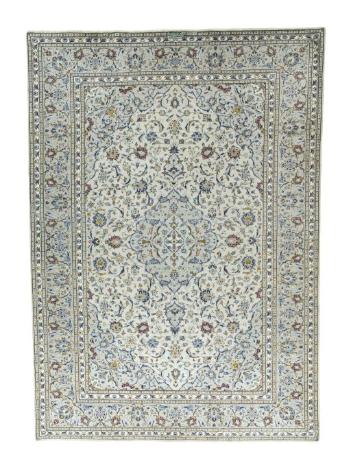 Full view of 2000s Kashan rug from Iran / Persia, 352 × 250 cm in Beige tones