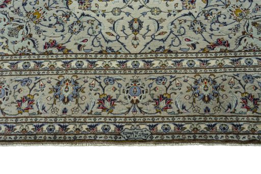 Full view of 2000s Kashan rug from Iran / Persia, 352 × 250 cm in Beige tones