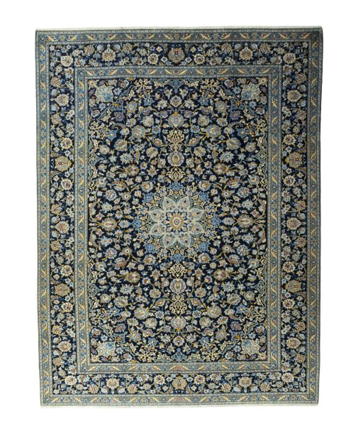 Full view of 2000s Kashan rug from Iran / Persia, 365 × 275 cm in Blue tones