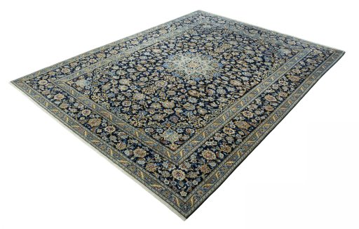 Corner detail of 2000s Kashan rug showing border pattern and Wool pile