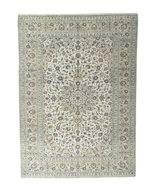 Full view of 2000s Kashan rug from Iran / Persia, 350 × 252 cm in Beige tones
