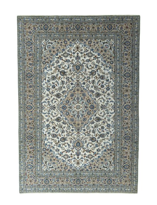 Full view of 2000s Kashan rug from Iran / Persia, 360 × 246 cm in Beige tones