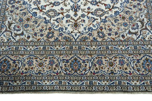 Full view of 2000s Kashan rug from Iran / Persia, 360 × 246 cm in Beige tones