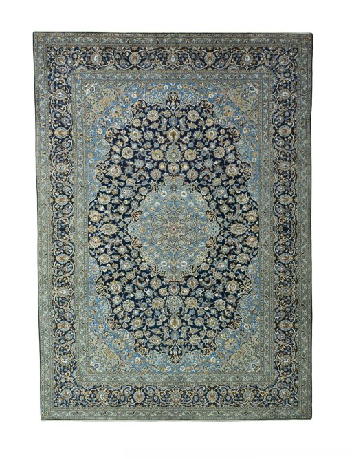 Full view of 2000s Kashan rug from Iran / Persia, 416 × 297 cm in Blue tones