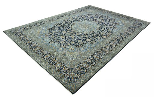 Corner detail of 2000s Kashan rug showing border pattern and Wool pile