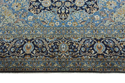 Full view of 2000s Kashan rug from Iran / Persia, 416 × 297 cm in Blue tones