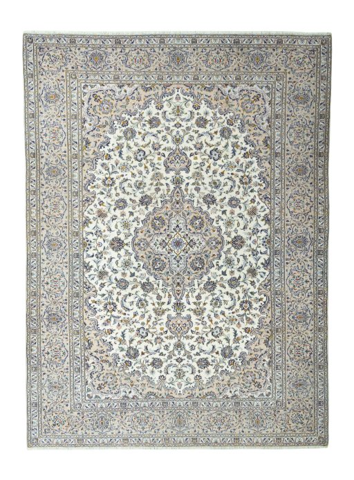 Full view of 2000s Kashan rug from Iran / Persia, 403 × 296 cm in Beige tones