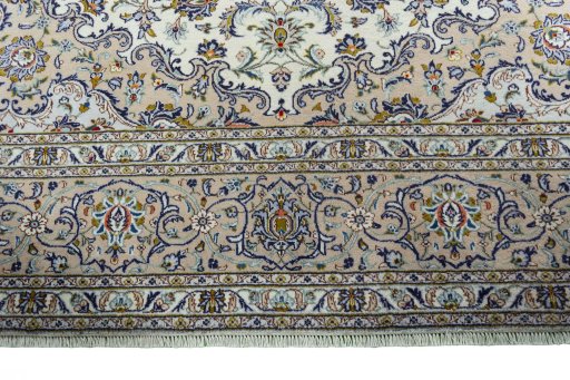Full view of 2000s Kashan rug from Iran / Persia, 403 × 296 cm in Beige tones