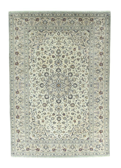 Full view of 2000s Kashan rug from Iran / Persia, 342 × 241 cm in Beige tones
