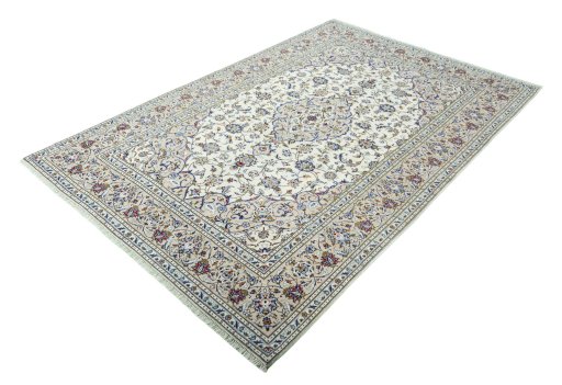 Corner detail of 2000s Kashan rug showing border pattern and Wool pile