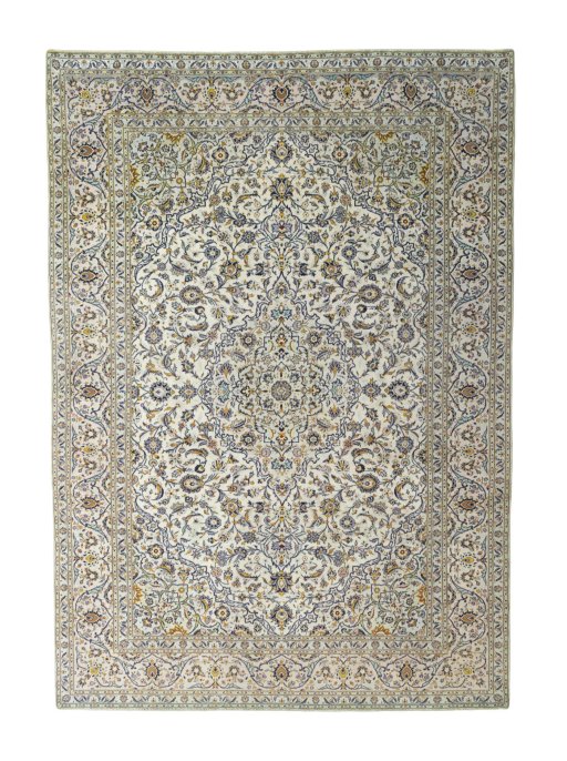 Full view of 2000s Kashan rug from Iran / Persia, 352 × 247 cm in Beige tones