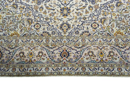 Full view of 2000s Kashan rug from Iran / Persia, 352 × 247 cm in Beige tones