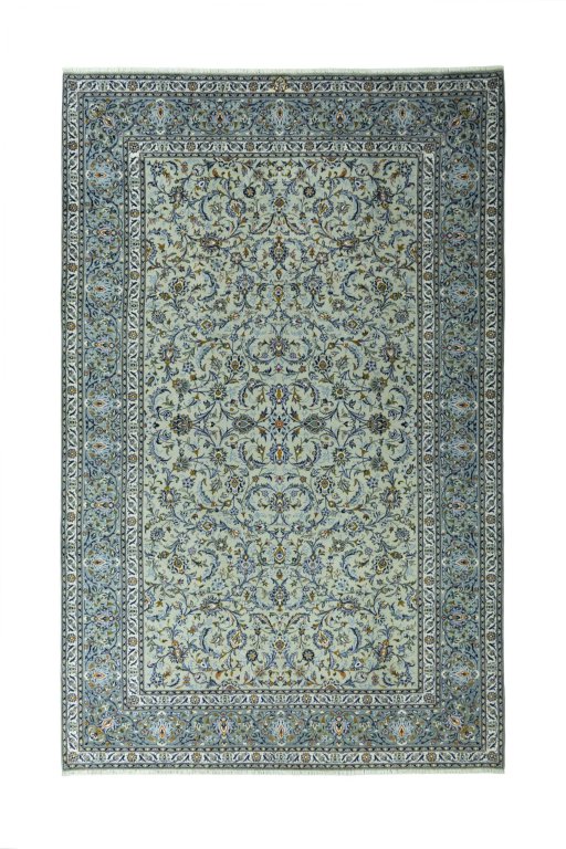 Full view of 2000s Kashan rug from Iran / Persia, 388 × 247 cm in Green tones