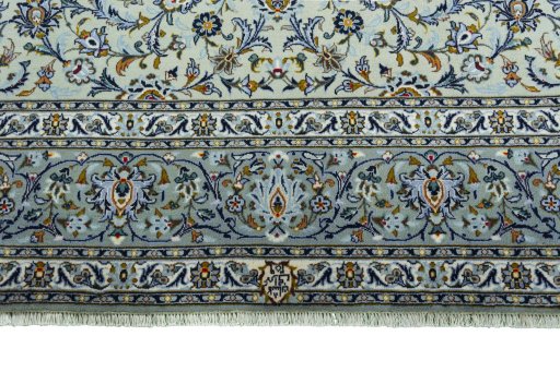 Full view of 2000s Kashan rug from Iran / Persia, 388 × 247 cm in Green tones