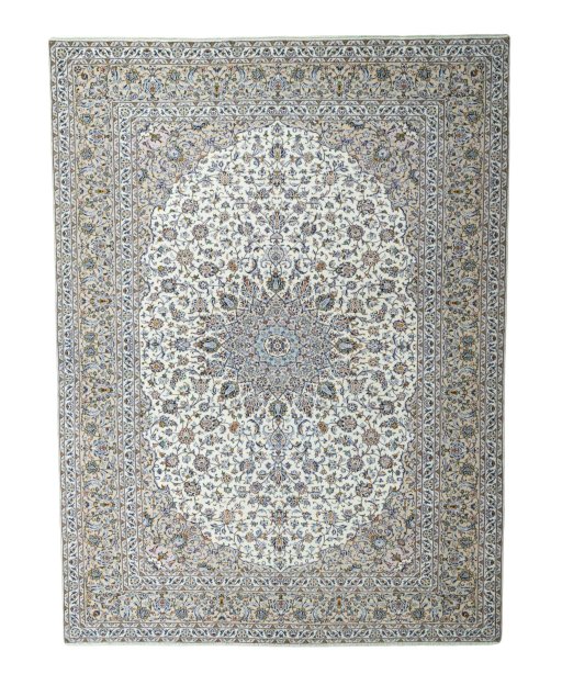Full view of 2000s Kashan rug from Iran / Persia, 403 × 298 cm in Beige tones