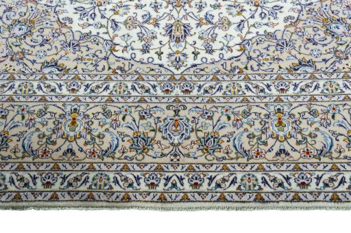Full view of 2000s Kashan rug from Iran / Persia, 403 × 298 cm in Beige tones
