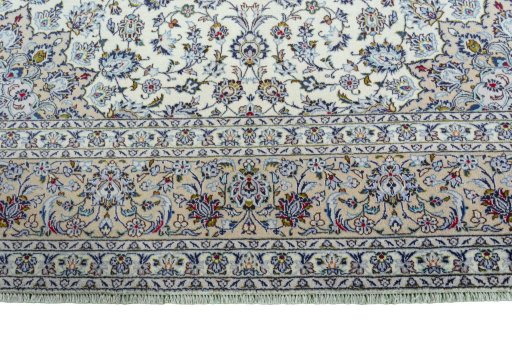 Full view of 2000s Kashan rug from Iran / Persia, 390 × 291 cm in Beige tones
