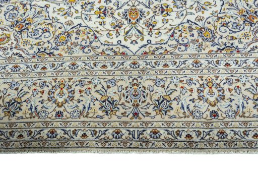 Full view of 2000s Kashan rug from Iran / Persia, 402 × 302 cm in Beige tones