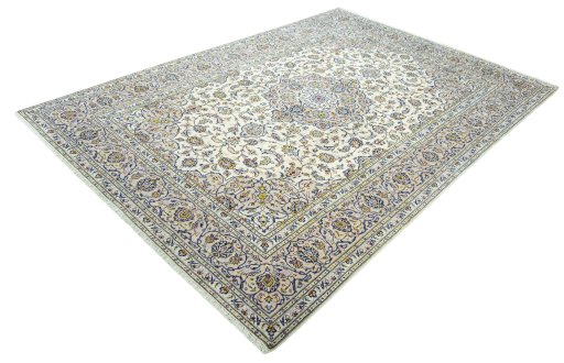 Corner detail of 2000s Kashan rug showing border pattern and Wool pile