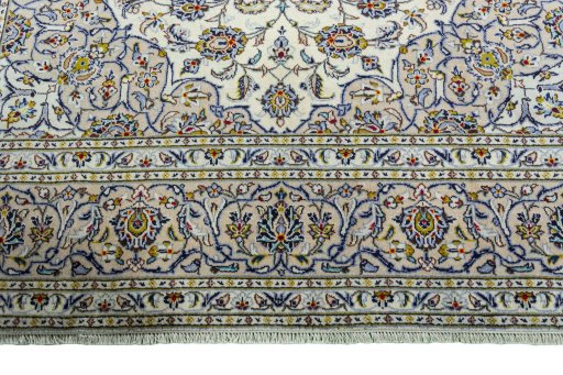 Full view of 2000s Kashan rug from Iran / Persia, 355 × 245 cm in Beige tones