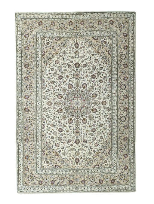 Full view of 2000s Kashan rug from Iran / Persia, 296 × 197 cm in Beige tones