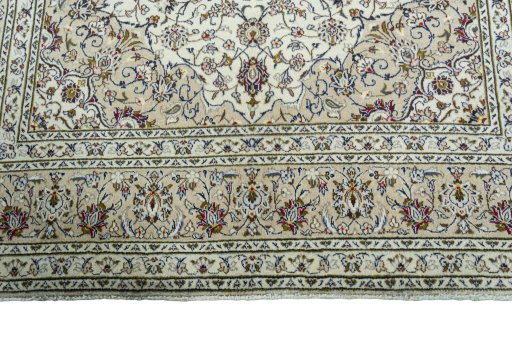 Full view of 2000s Kashan rug from Iran / Persia, 296 × 197 cm in Beige tones