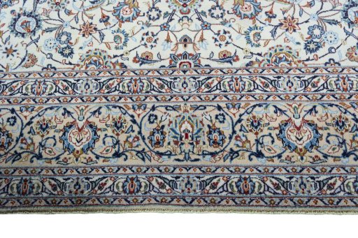 Full view of 2000s Kashan rug from Iran / Persia, 419 × 298 cm in Beige tones