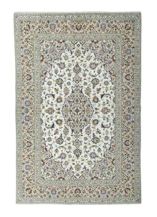 Full view of 2000s Kashan rug from Iran / Persia, 297 × 196 cm in Beige tones