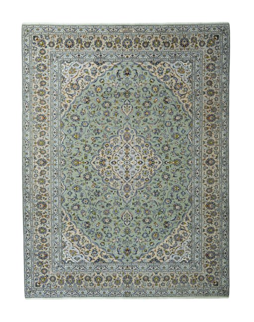 Full view of 2000s Kashan rug from Iran / Persia, 386 × 294 cm in Green tones