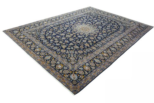 Corner detail of 2000s Kashan rug showing border pattern and Wool pile