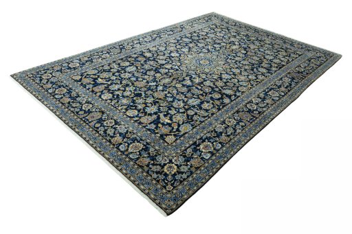 Corner detail of 2000s Kashan rug showing border pattern and Wool pile