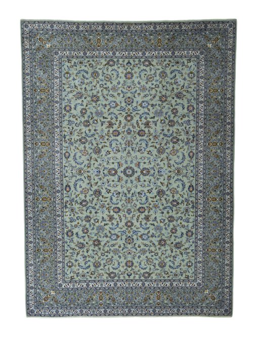 Full view of 2000s Kashan rug from Iran / Persia, 423 × 304 cm in Green tones
