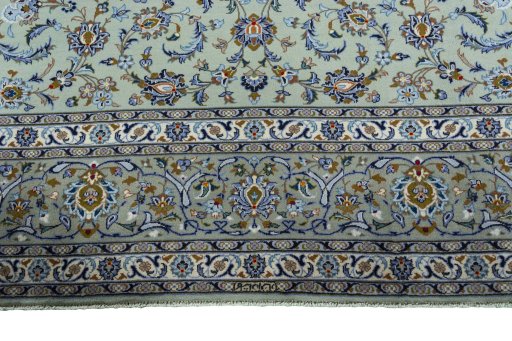 Full view of 2000s Kashan rug from Iran / Persia, 423 × 304 cm in Green tones